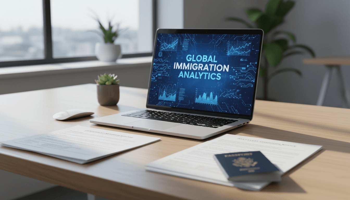 Immigration documents and laptop with AI analysis on a modern desk