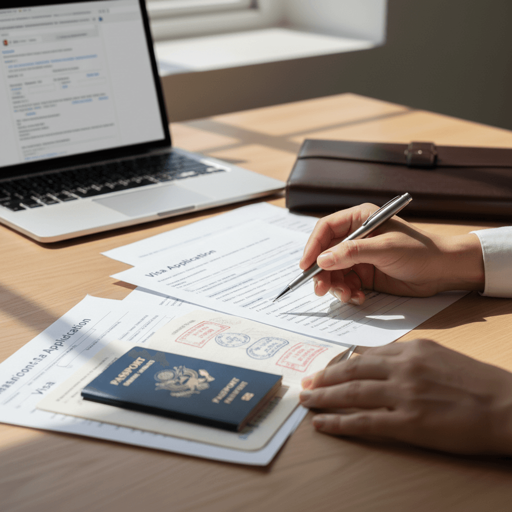 Immigration consultant's hands reviewing stamped passport and visa documents on wooden desk with natural light