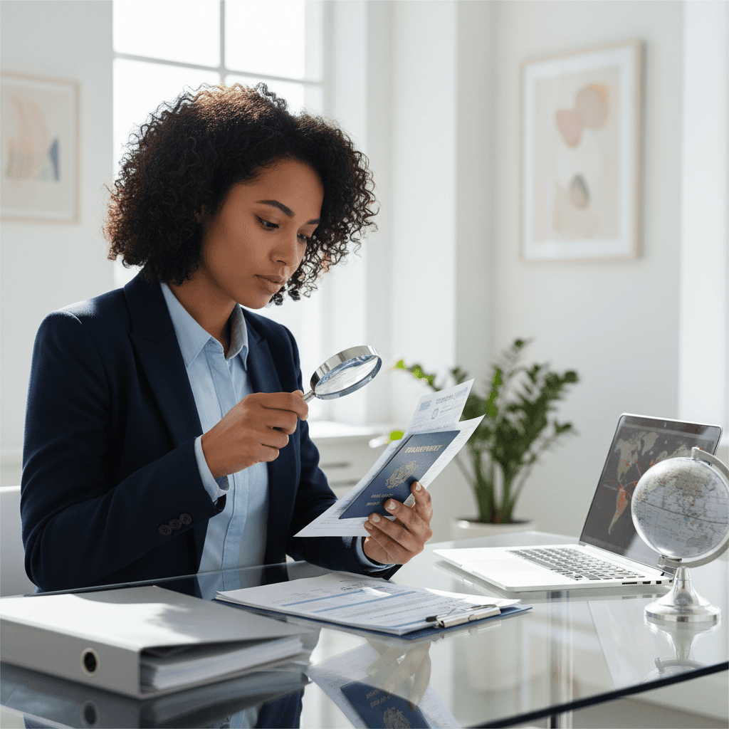 Professional woman reviewing immigration documents with focus and clarity