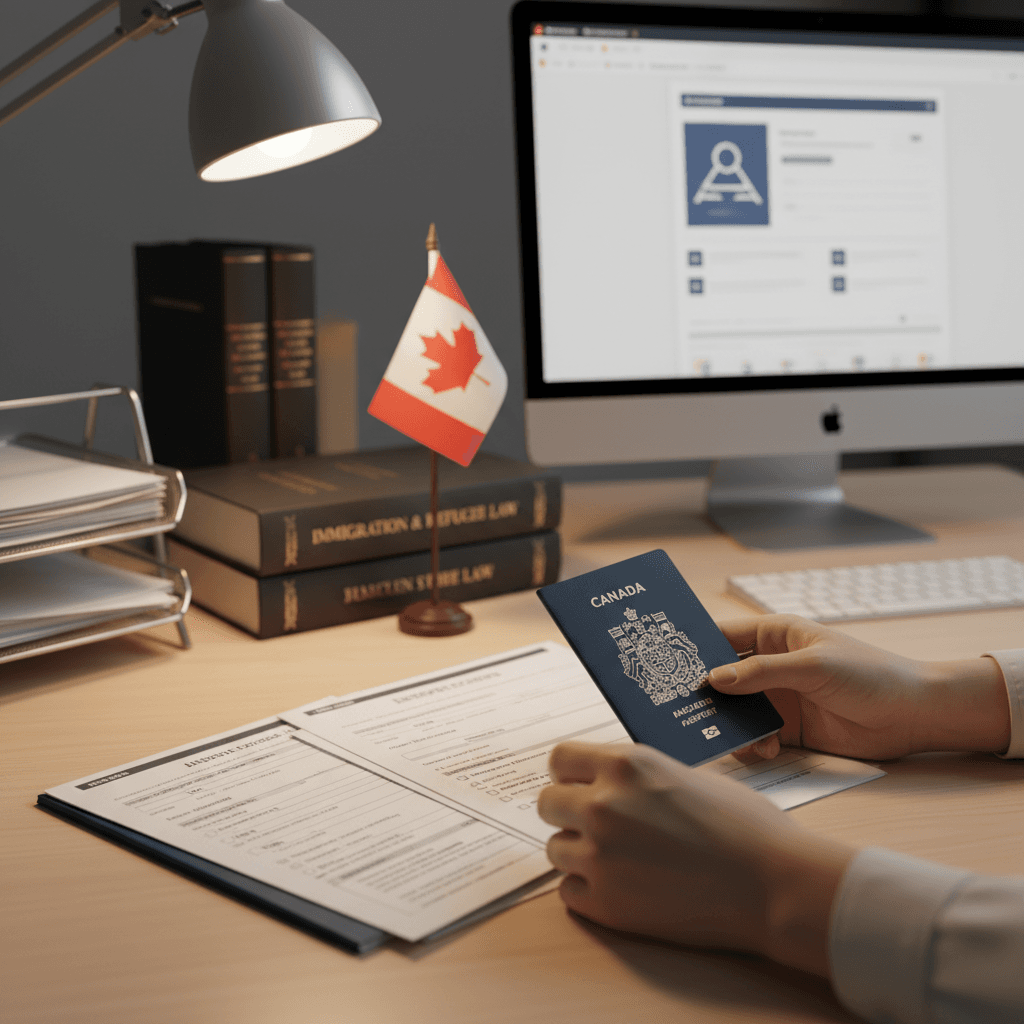 Professional reviewing immigration documents at desk with confidence and clarity