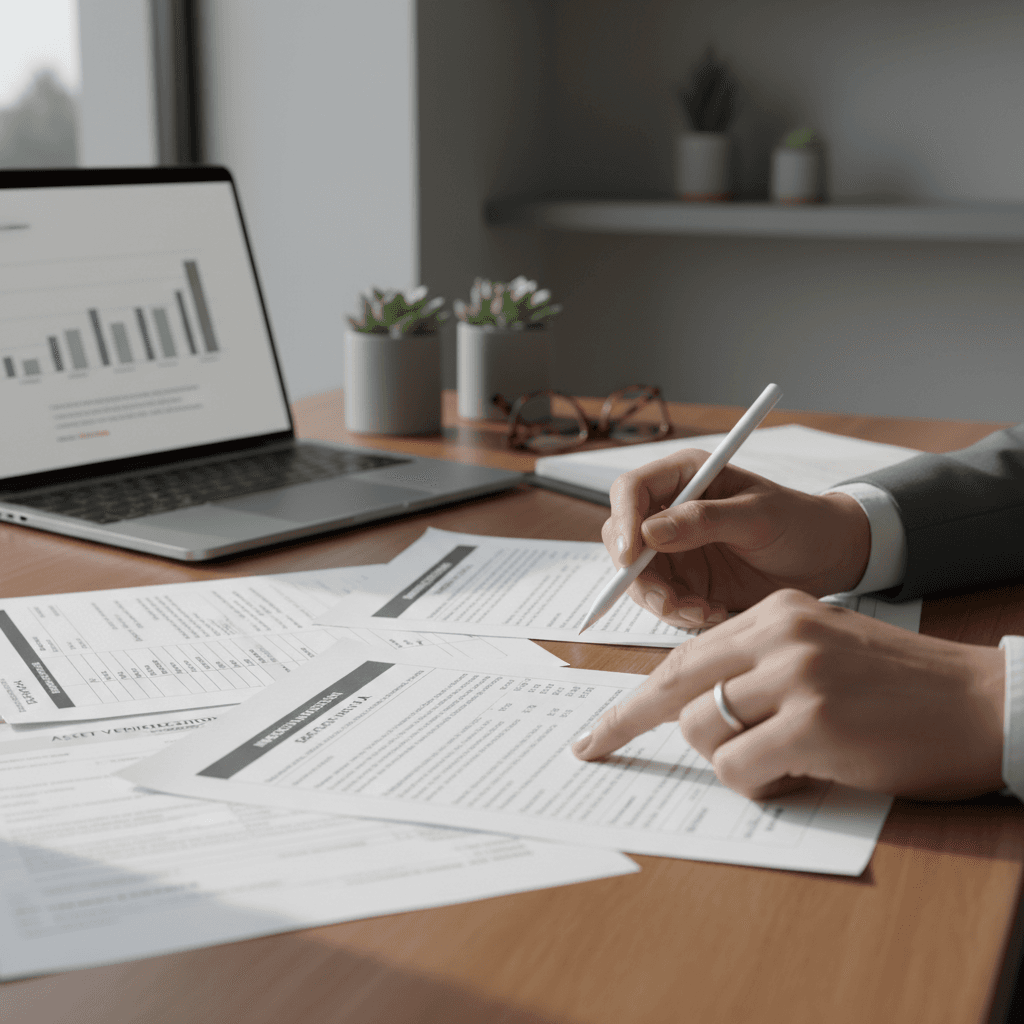 Person reviewing immigration documents and financial information with concerned expression